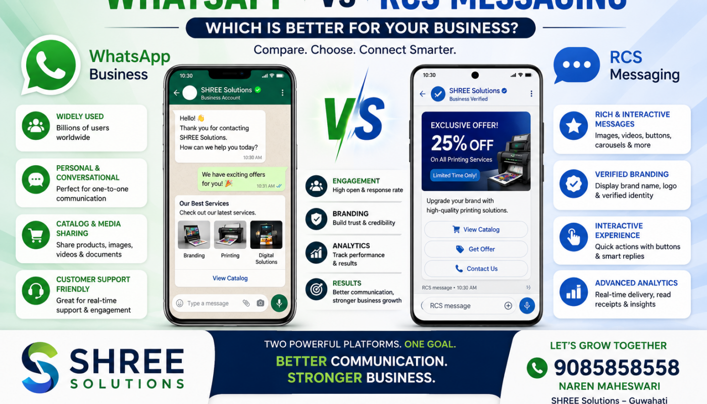 Comparison of WhatsApp Business and RCS Messaging for customer engagement, business promotions, and digital communication by SHREE Solutions