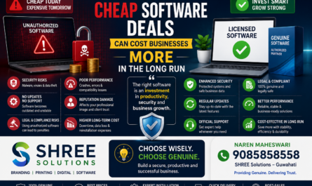 Comparison showing risks of cheap unauthorized software deals versus benefits of genuine licensed software for businesses by SHREE Solutions
